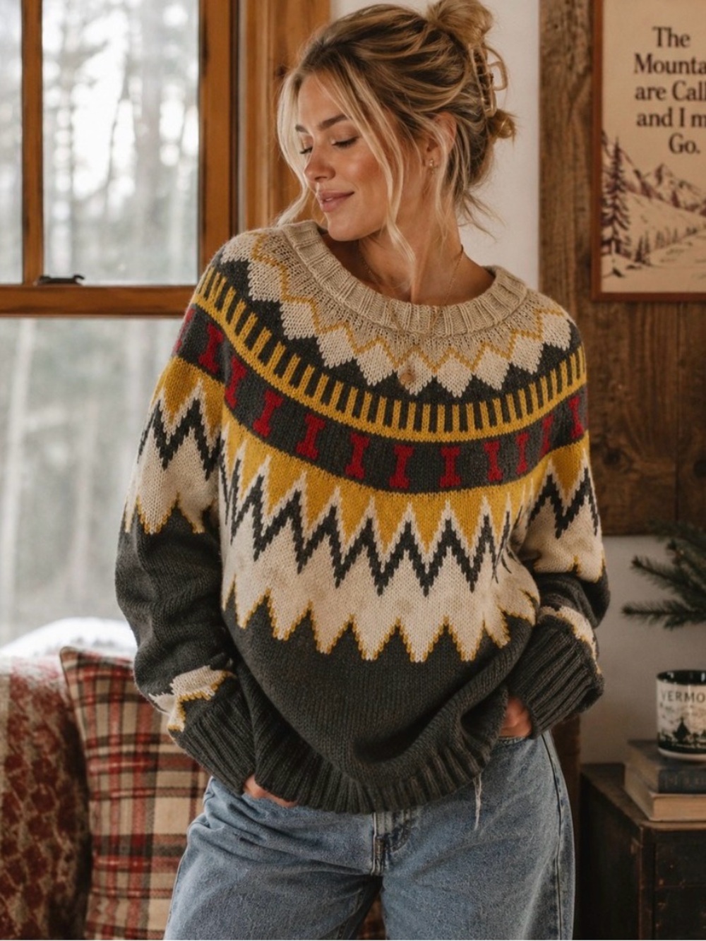 Aerie Fair Isle sweater pullover womens size  large Nordic chunky ribbed knit